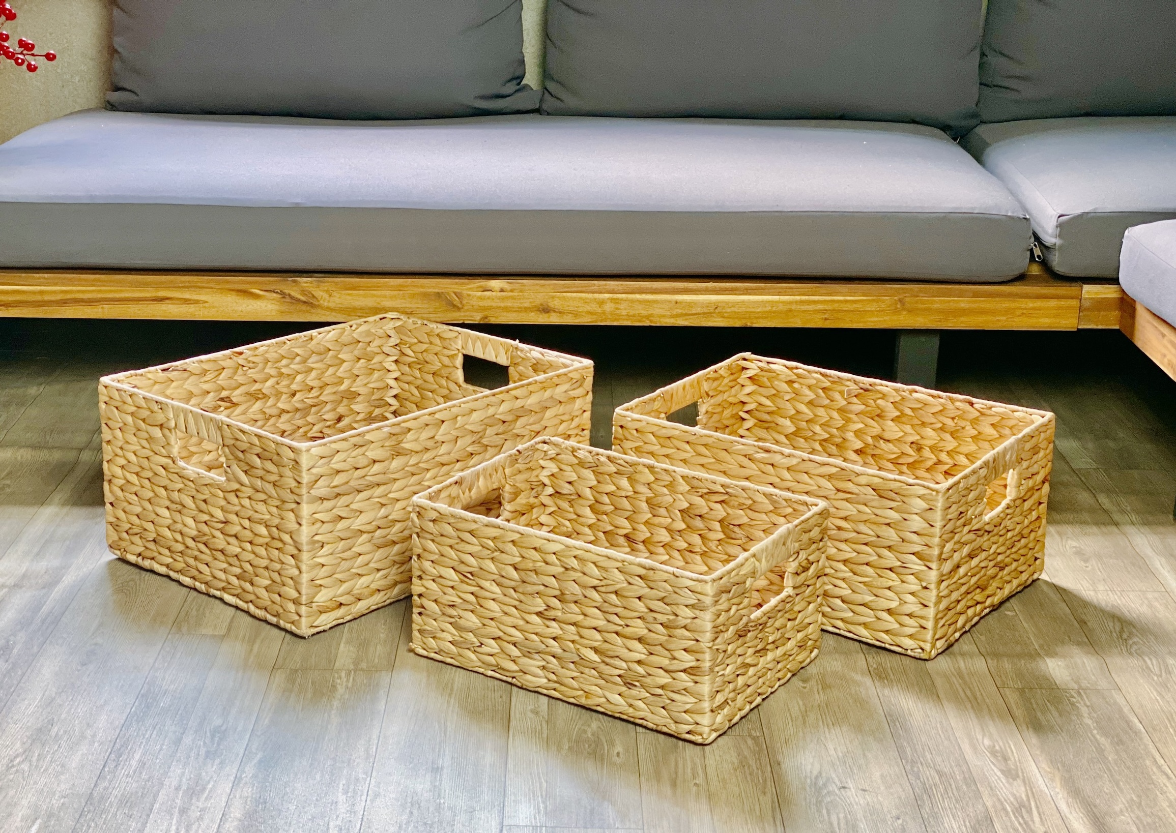 Set of 3 Hyacinth Baskets, Hole Handle